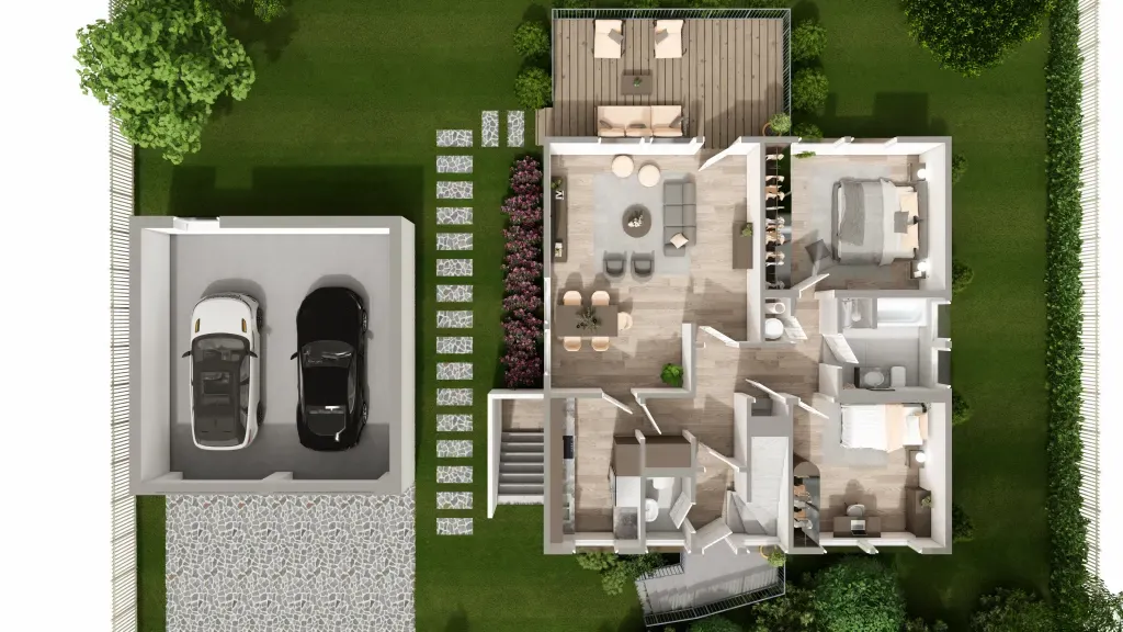 3D-Grundriss eines Einfamilienhauses mit Wohnräumen, Garage mit zwei Autos und Gartenanlage aus der Vogelperspektive.