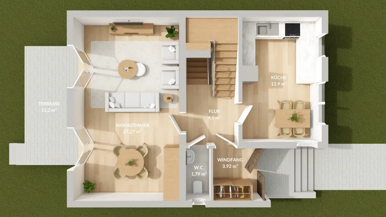 3D-Grundriss des Erdgeschosses eines Einfamilienhauses mit Wohnzimmer, Küche, Flur, Windfang, WC und Terrasse.