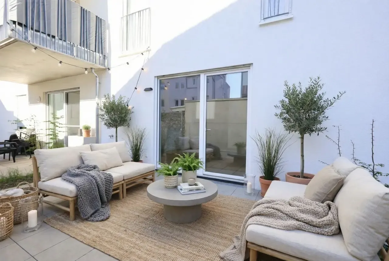 Gemütliche moderne Terrasse mit Loungemöbeln, Olivenbäumen und Lichterkette vor weißer Hausfassade.