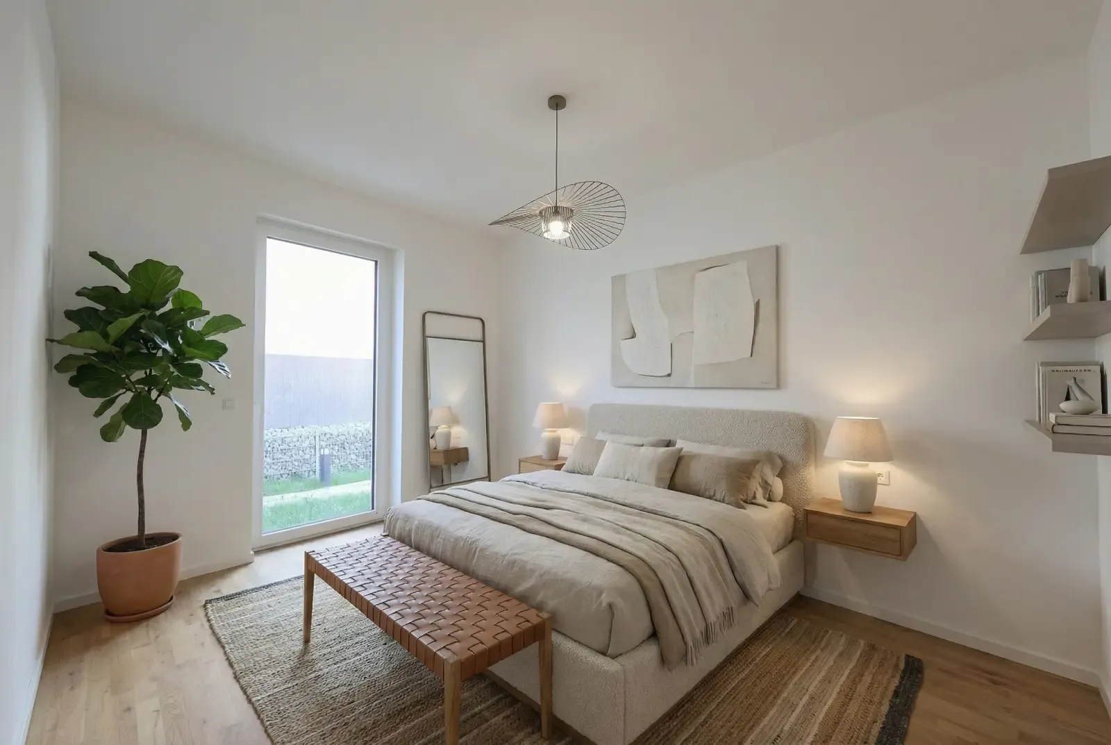 Modern eingerichtetes Schlafzimmer mit Doppelbett, Feigenbaum und großem Fenster in hellen Naturtönen.