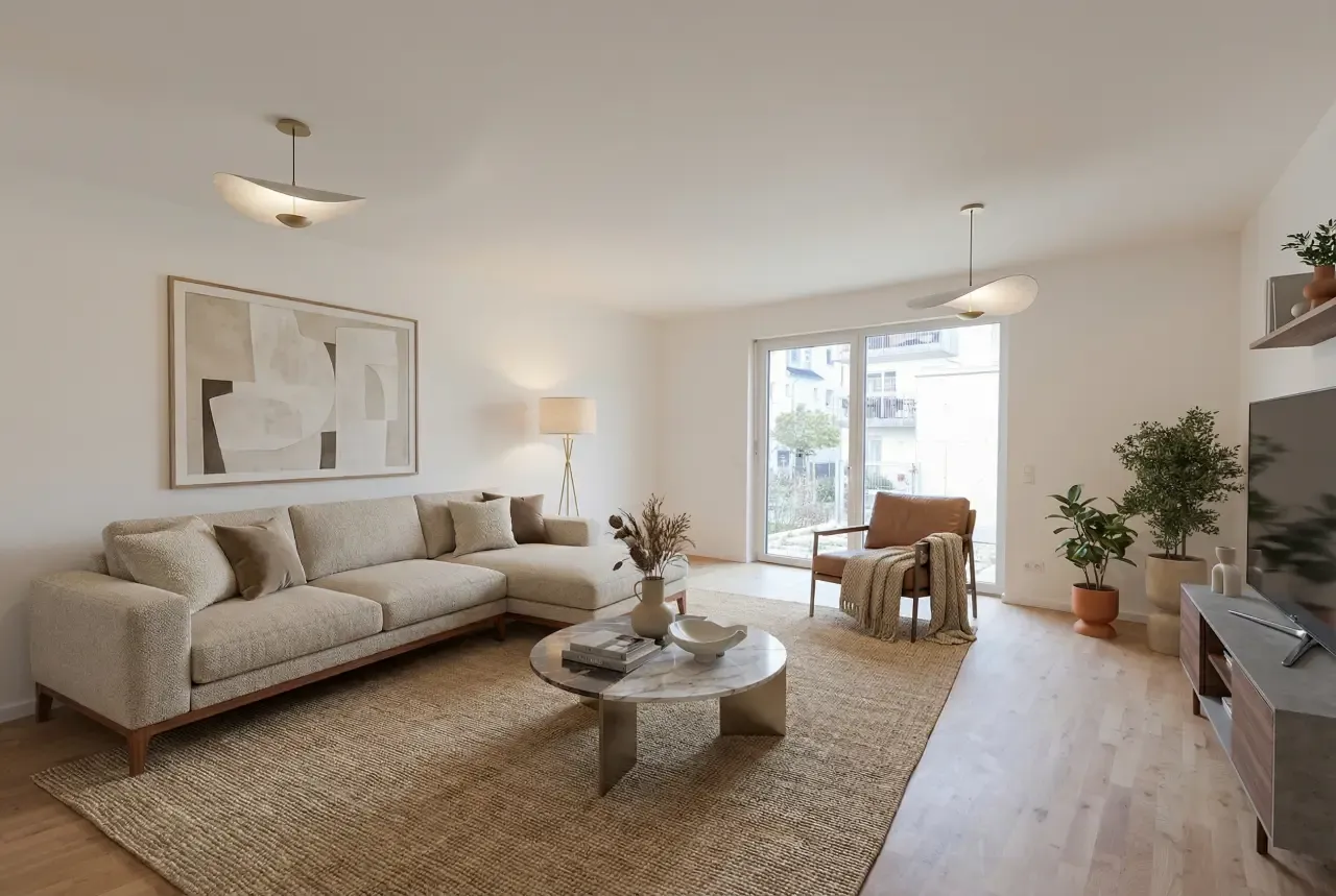 Helles modernes Wohnzimmer mit beigem Sofa, Marmortisch und großer Fensterfront in einem Neubau.